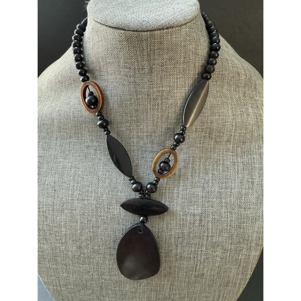 Vintage Ebony Wood Bead Chunky Tribal Necklace Beaded 20” Abstract Art To Wear